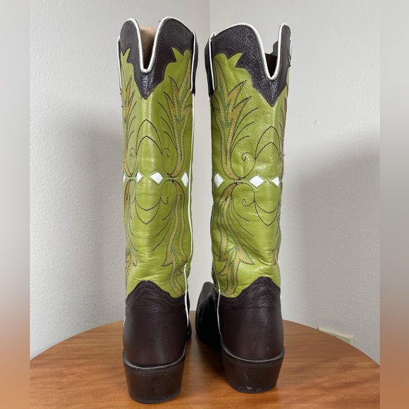 Nocona Cowboy Western Boots Brown Green Mocha Chartreuse Leather Flame 8 1/2B - Picture 3 of 16
